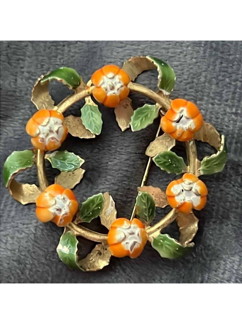 Zink Vintage Brooch Natural Stone Orange Flowers Green Enamel Leaves